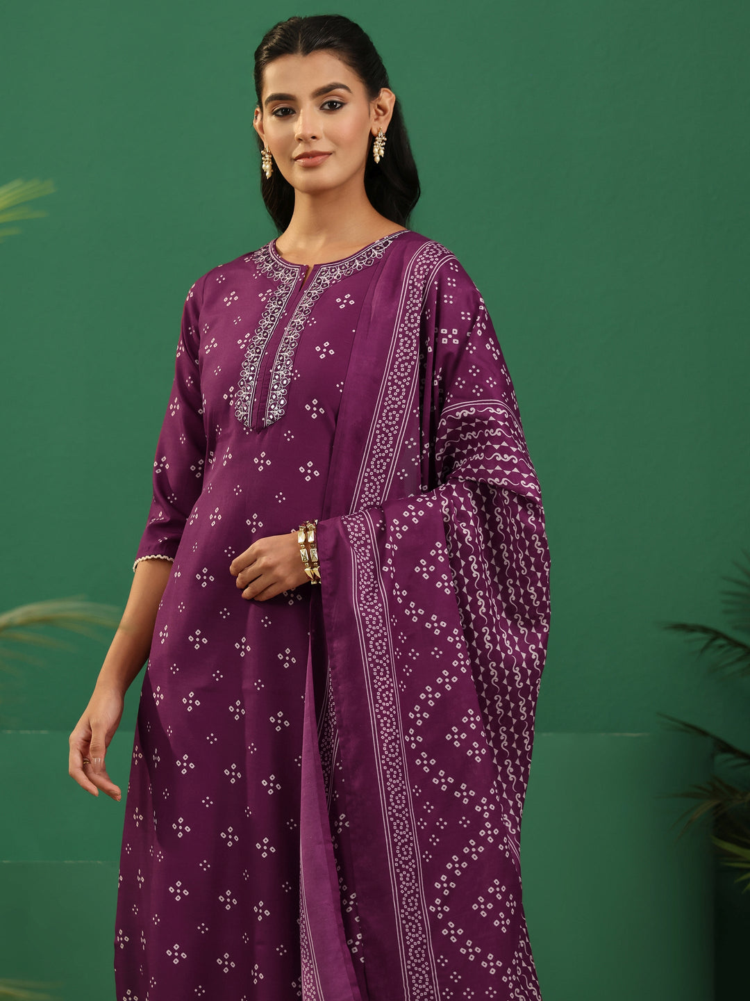  Gerua Plum Purple Bandhani Printed Cotton Blend Straight Suit Set 