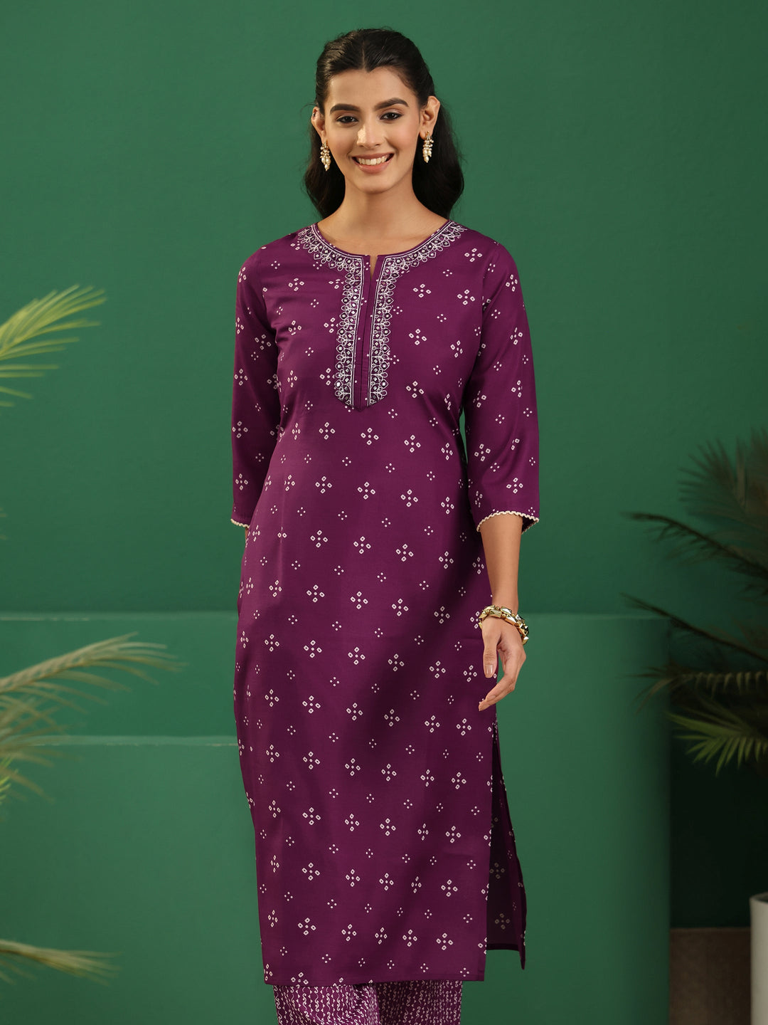  Gerua Plum Purple Bandhani Printed Cotton Blend Straight Suit Set 