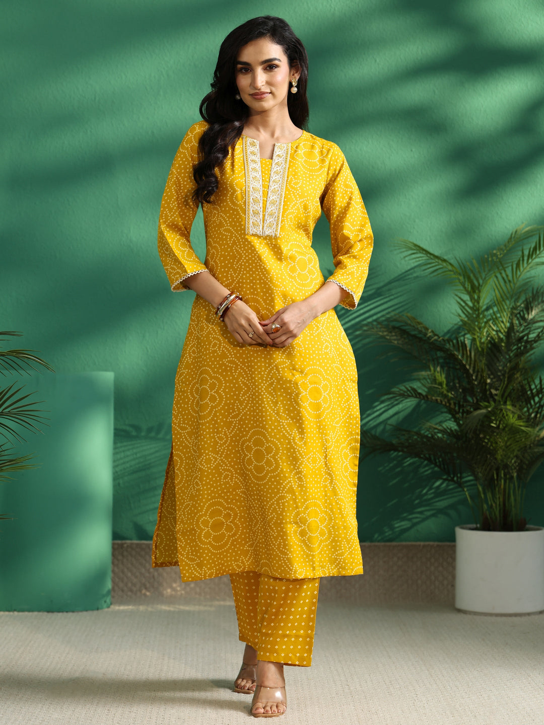  Gerua Mustard Bandhani Cotton Blend A-Line Kurta Set 