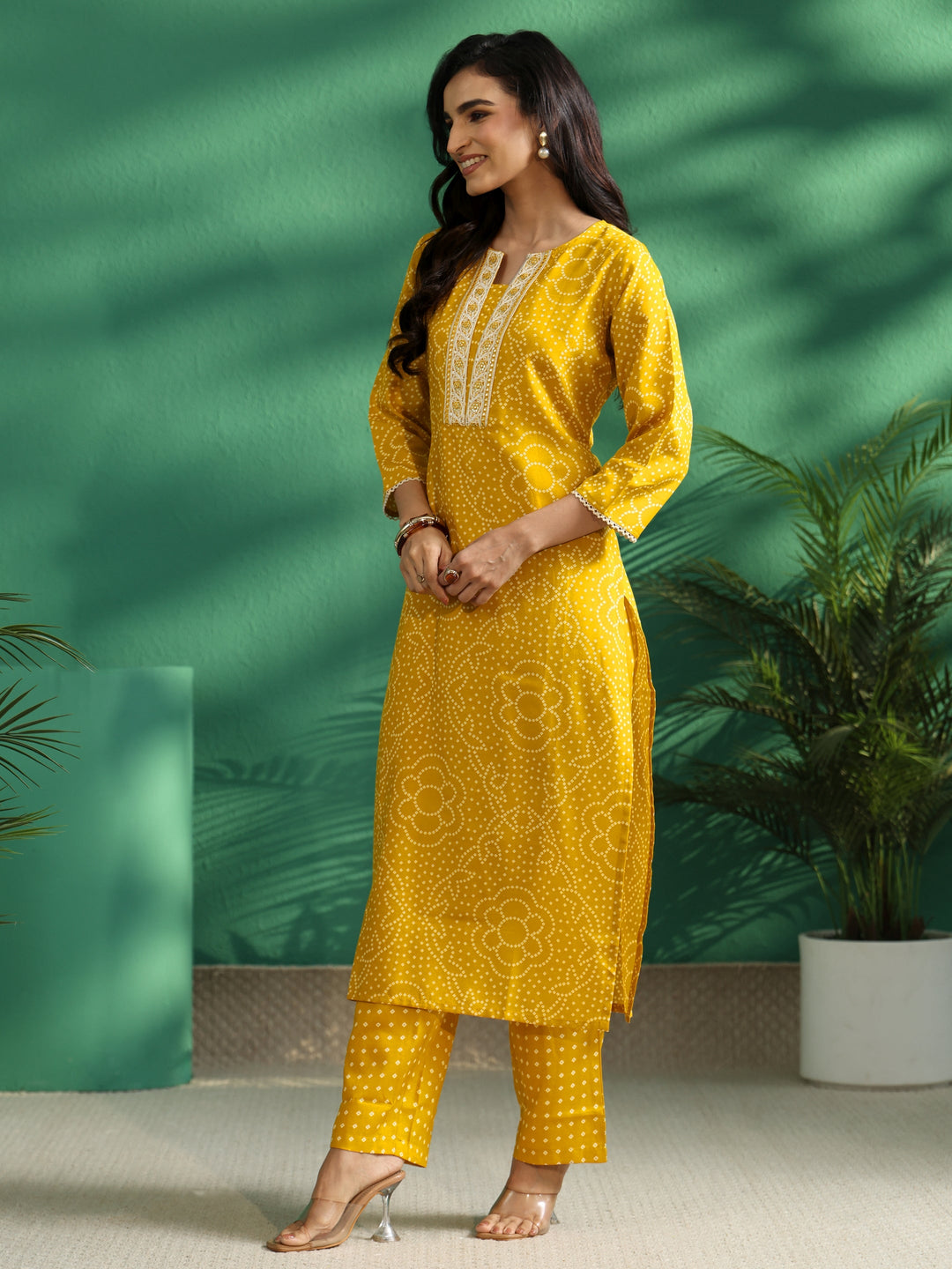  Gerua Mustard Bandhani Cotton Blend A-Line Kurta Set 