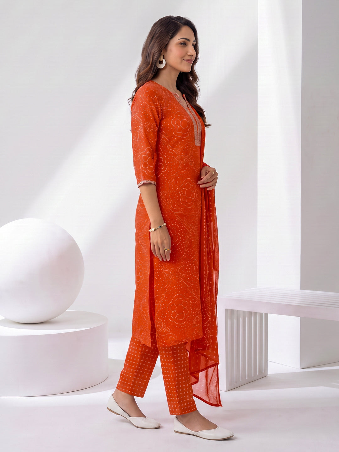  Gerua Tangerine Orange Bandhani Printed Straight Suit Set 