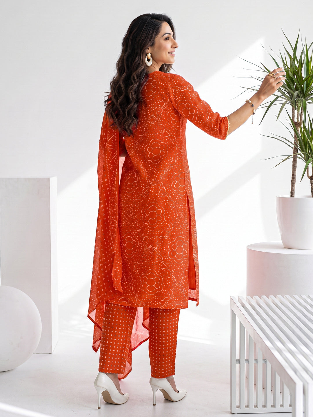  Gerua Tangerine Orange Bandhani Printed Straight Suit Set 