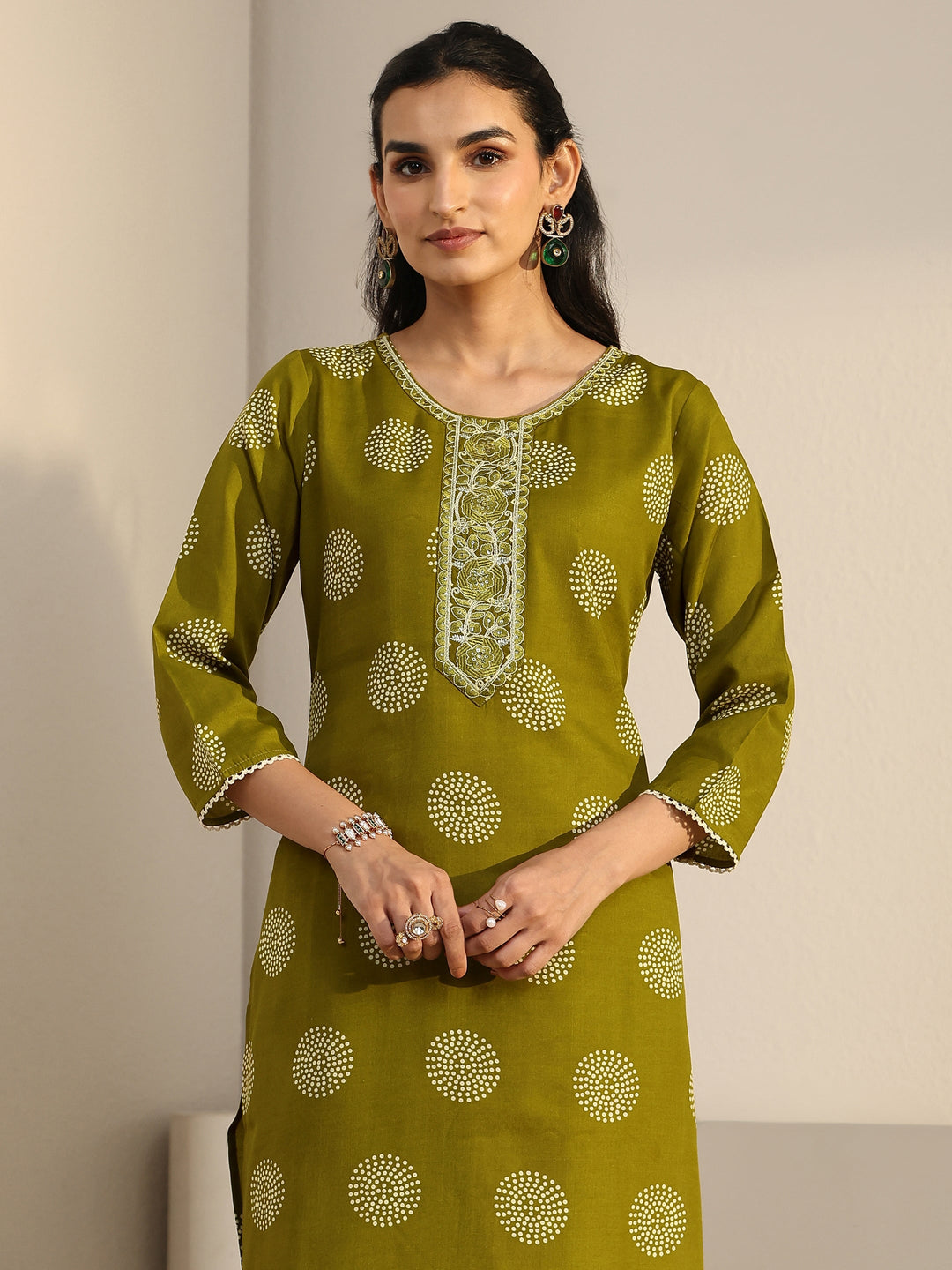  Gerua Green Circular Print Cotton Blend Straight Suit Set 