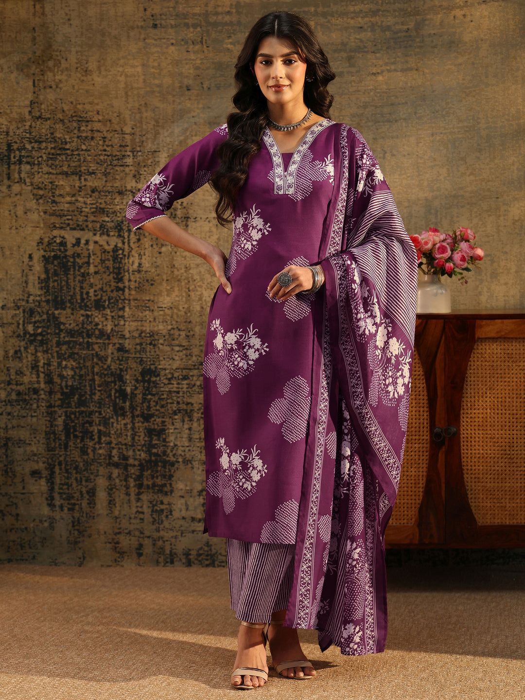  Gerua Burgundy Bandhani Cotton Blend Straight Suit Set 