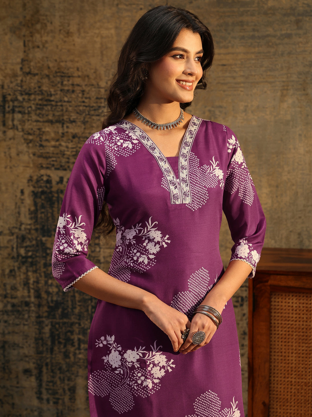  Gerua Burgundy Bandhani Cotton Blend Straight Suit Set 