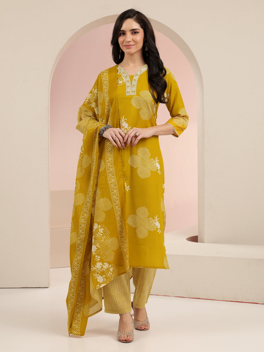  Gerua Mustard Bandhani Printed Cotton Blend Straight Suit Set 