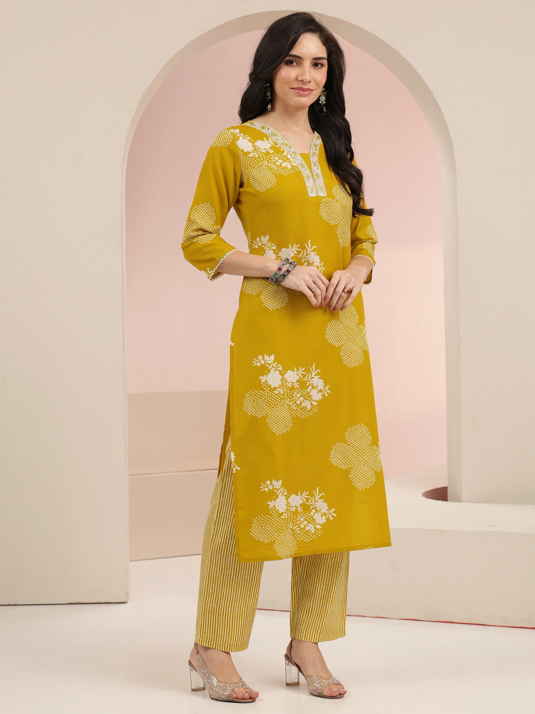  Gerua Mustard Bandhani Printed Cotton Blend Straight Suit Set 
