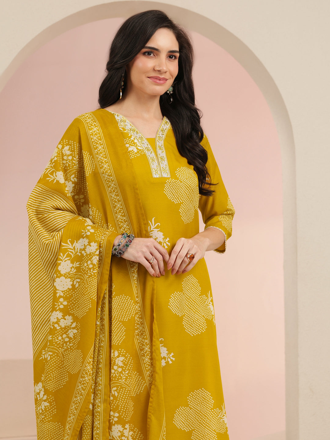  Gerua Mustard Bandhani Printed Cotton Blend Straight Suit Set 
