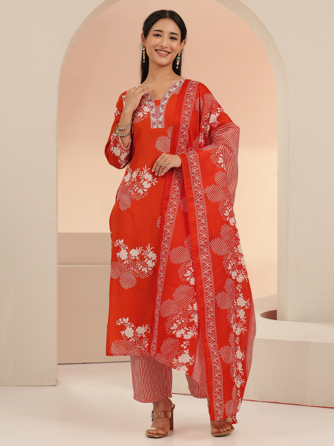  Gerua Orange Bandhani Printed Cotton Blend Straight Suit Set 