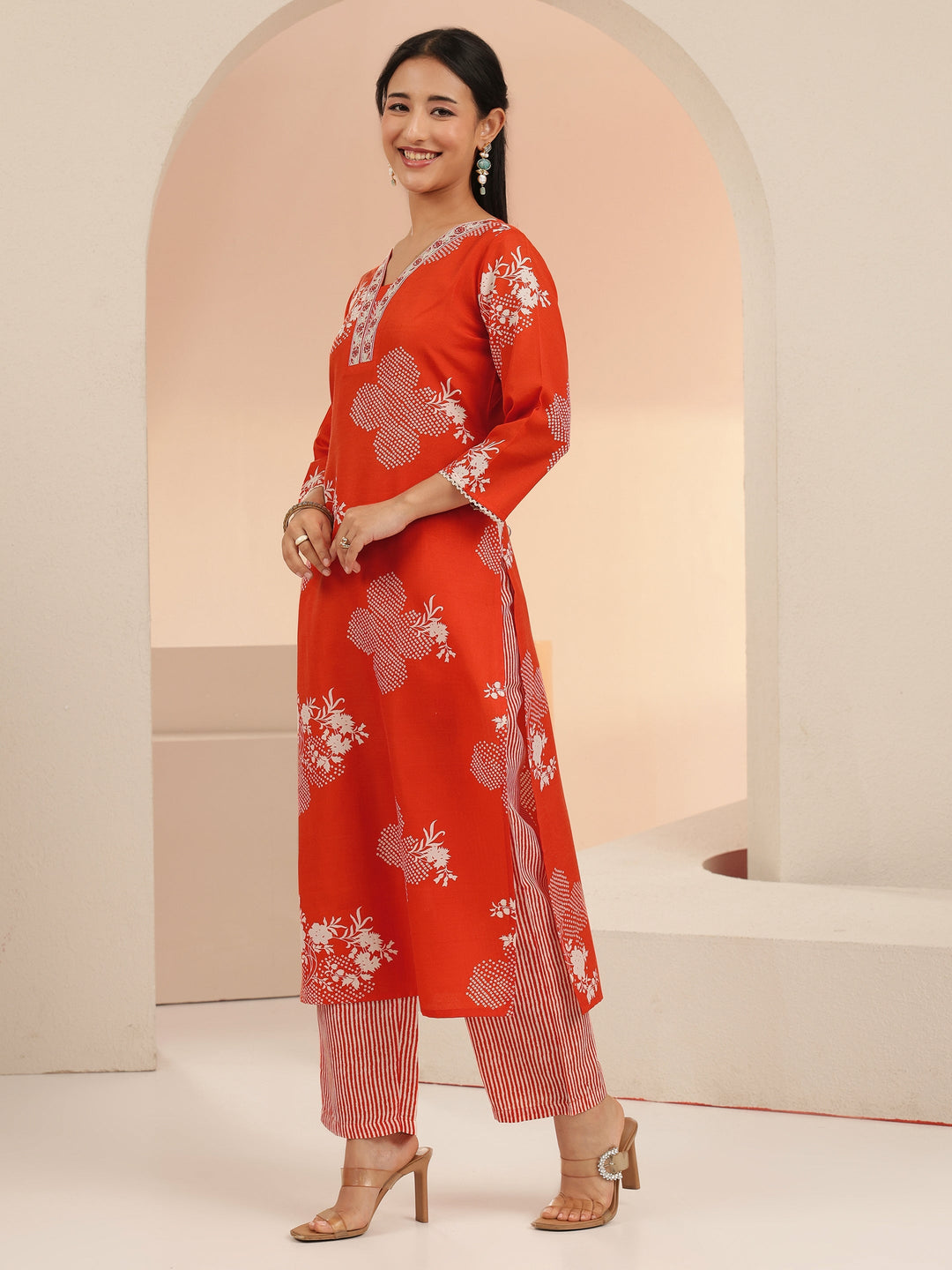 Gerua Orange Bandhani Printed Cotton Blend Straight Suit Set 
