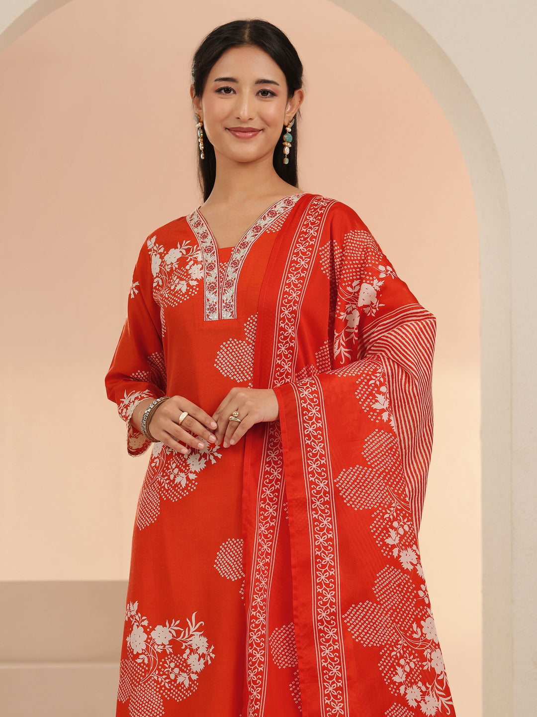  Gerua Orange Bandhani Printed Cotton Blend Straight Suit Set 