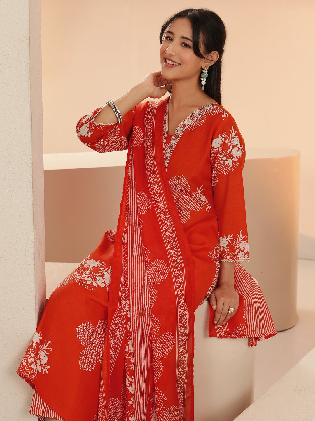  Gerua Orange Bandhani Printed Cotton Blend Straight Suit Set 