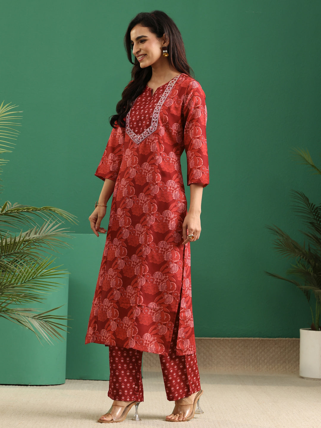  Gerua Maroon Floral Printed Cotton Blend A-Line Suit Set 