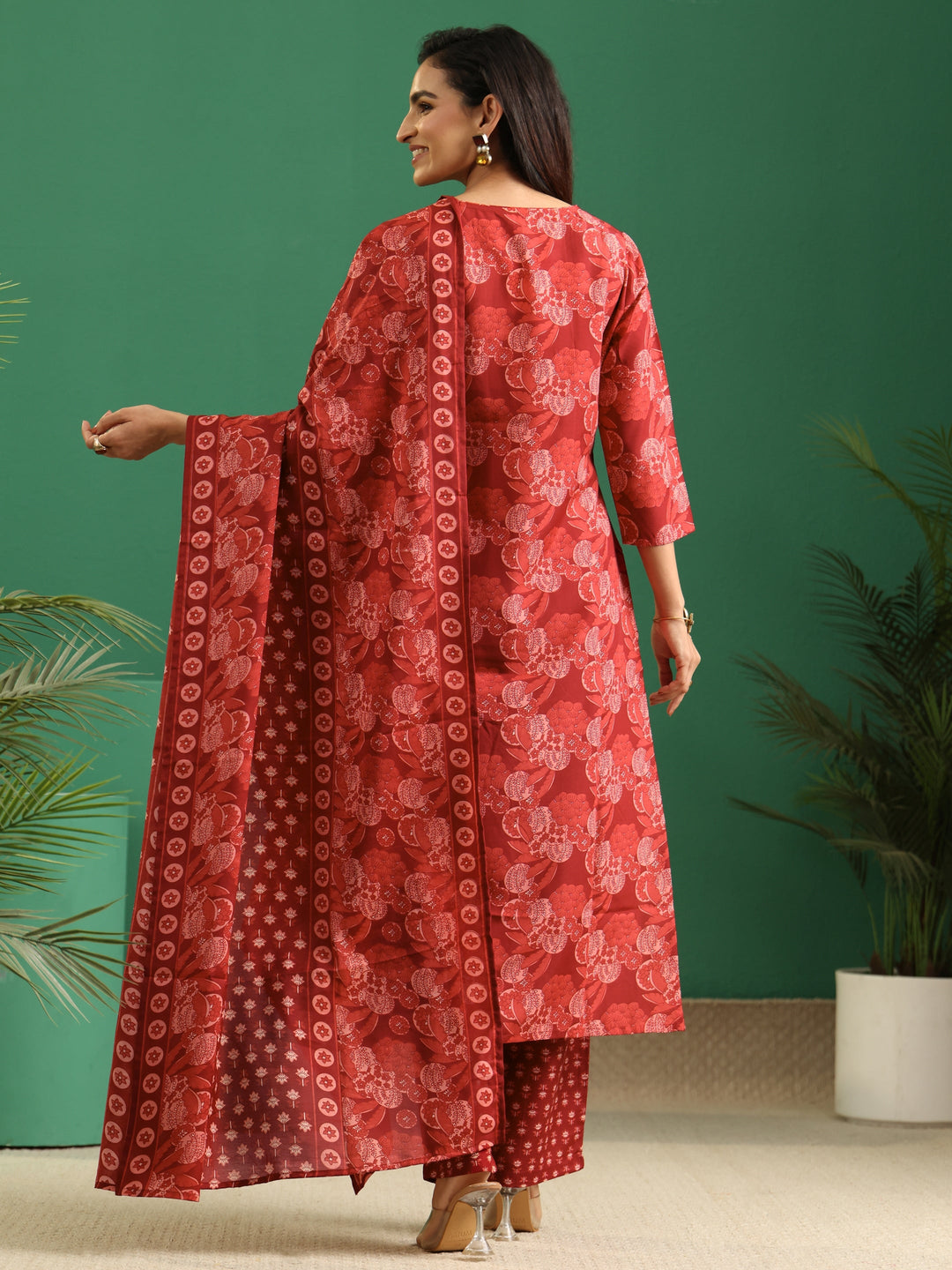  Gerua Maroon Floral Printed Cotton Blend A-Line Suit Set 