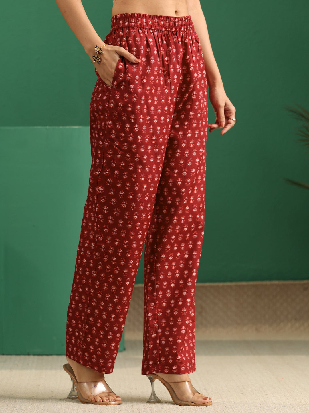  Gerua Maroon Floral Printed Cotton Blend A-Line Suit Set 