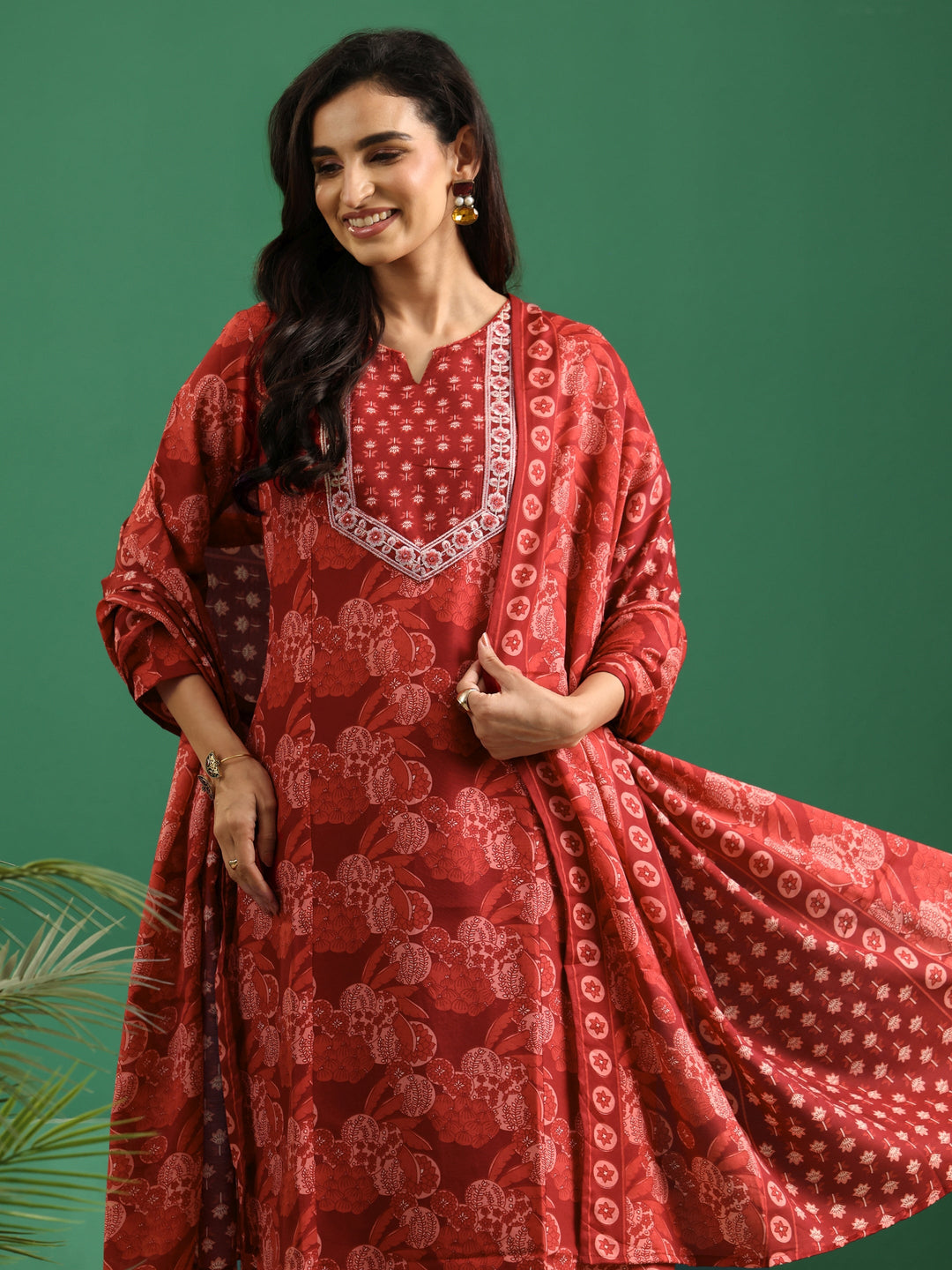  Gerua Maroon Floral Printed Cotton Blend A-Line Suit Set 