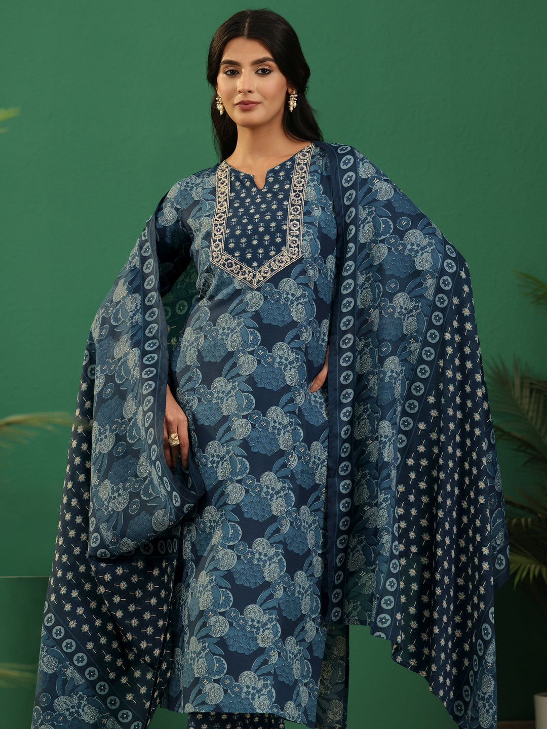  Gerua Blue Floral Printed Cotton Blend A-Line Suit Set 