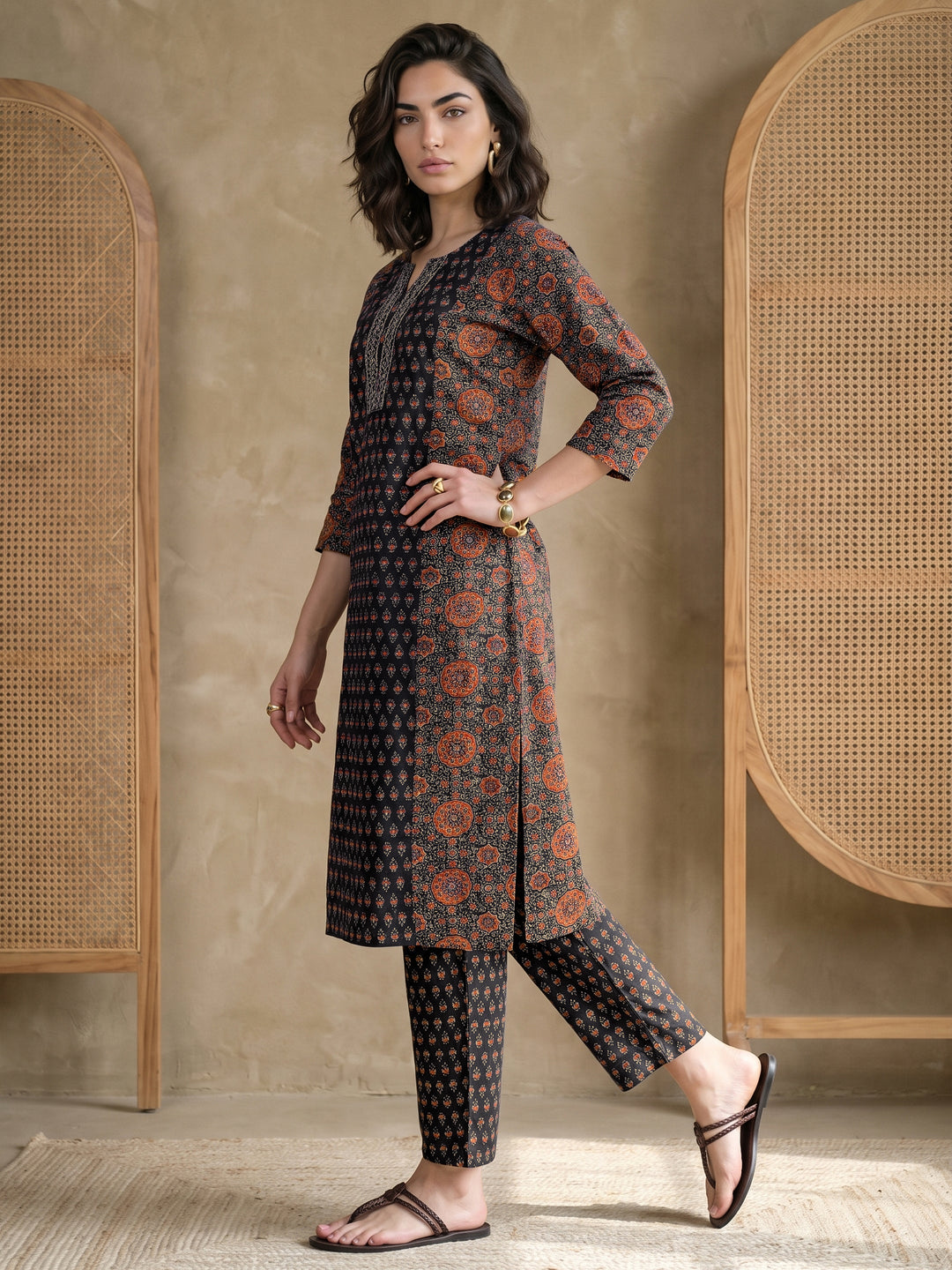  Gerua Black Ethnic Printed Straight Suit Set 