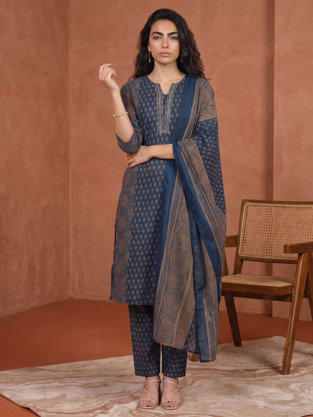  Gerua Indigo Blue Ethnic Printed Straight Suit Set 