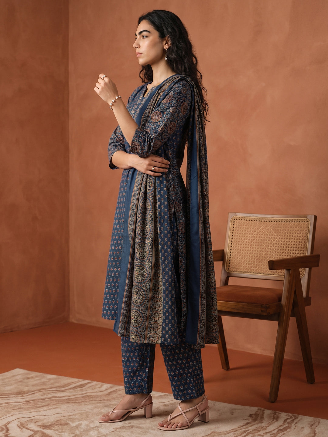  Gerua Indigo Blue Ethnic Printed Straight Suit Set 