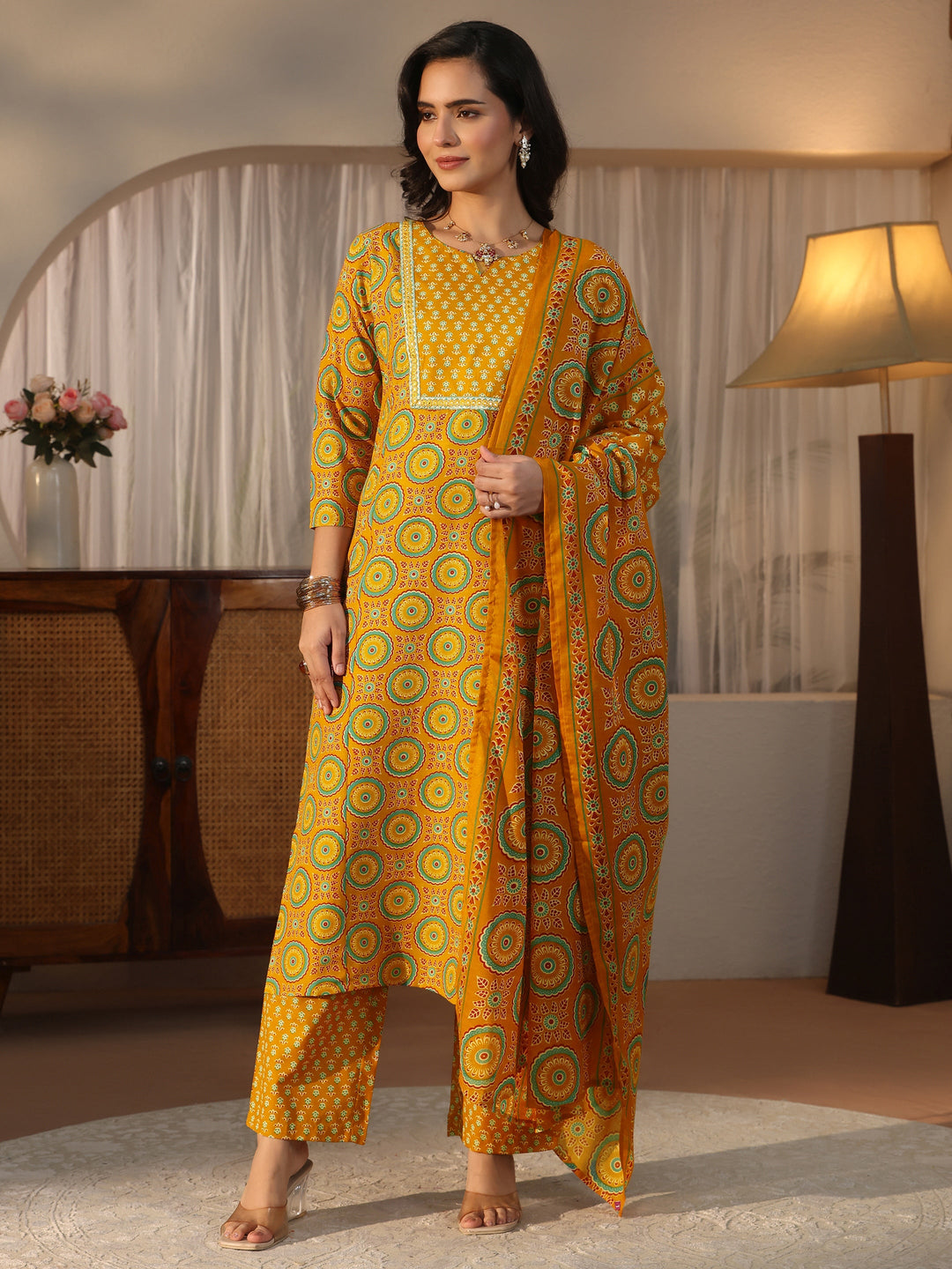  Gerua Mustard Ethnic Printed Straight Suit Set 