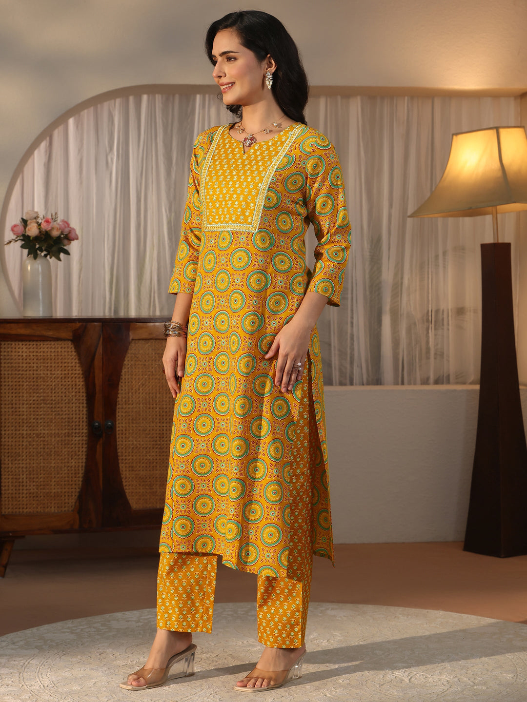  Gerua Mustard Ethnic Printed Straight Suit Set 