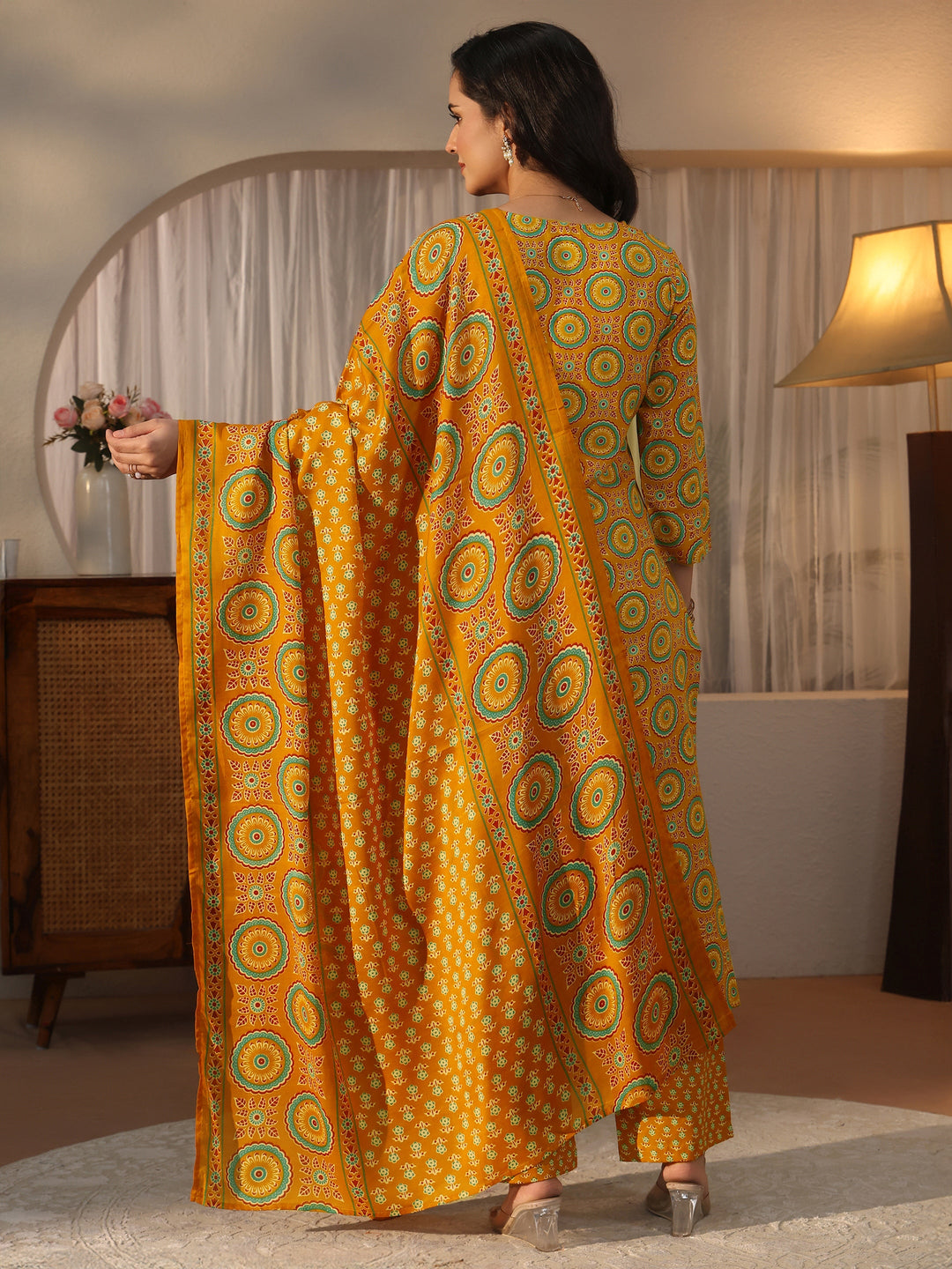  Gerua Mustard Ethnic Printed Straight Suit Set 