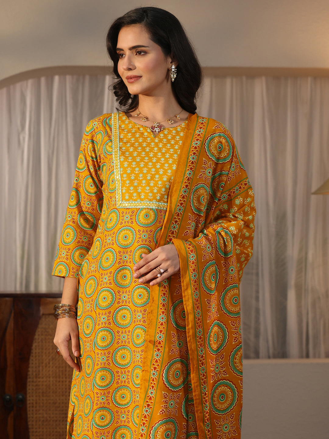  Gerua Mustard Ethnic Printed Straight Suit Set 
