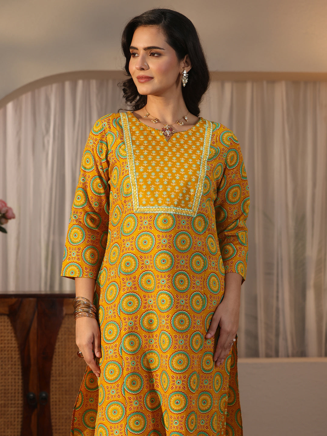  Gerua Mustard Ethnic Printed Straight Suit Set 