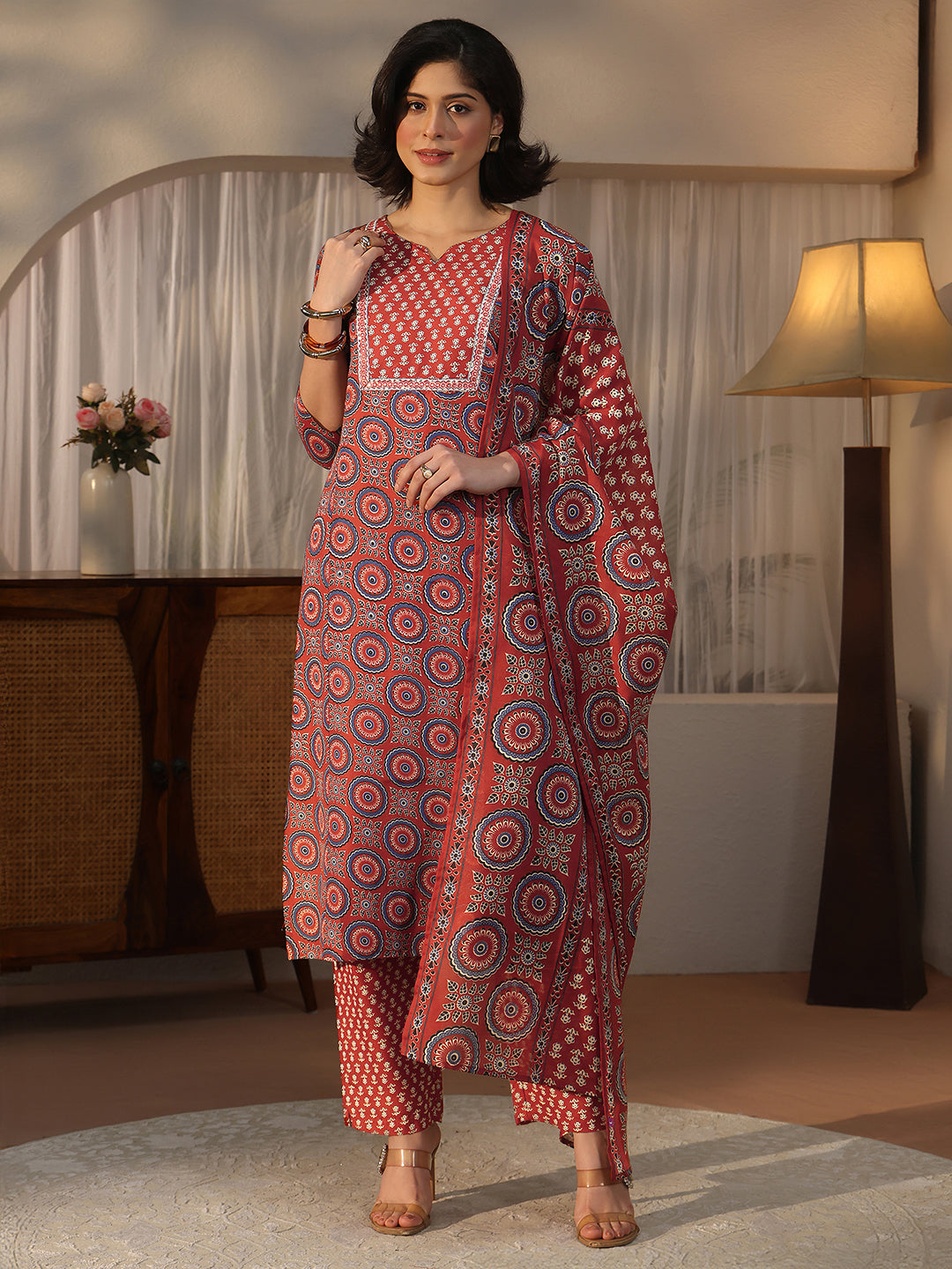  Gerua Maroon Ethnic Printed Straight Suit Set 