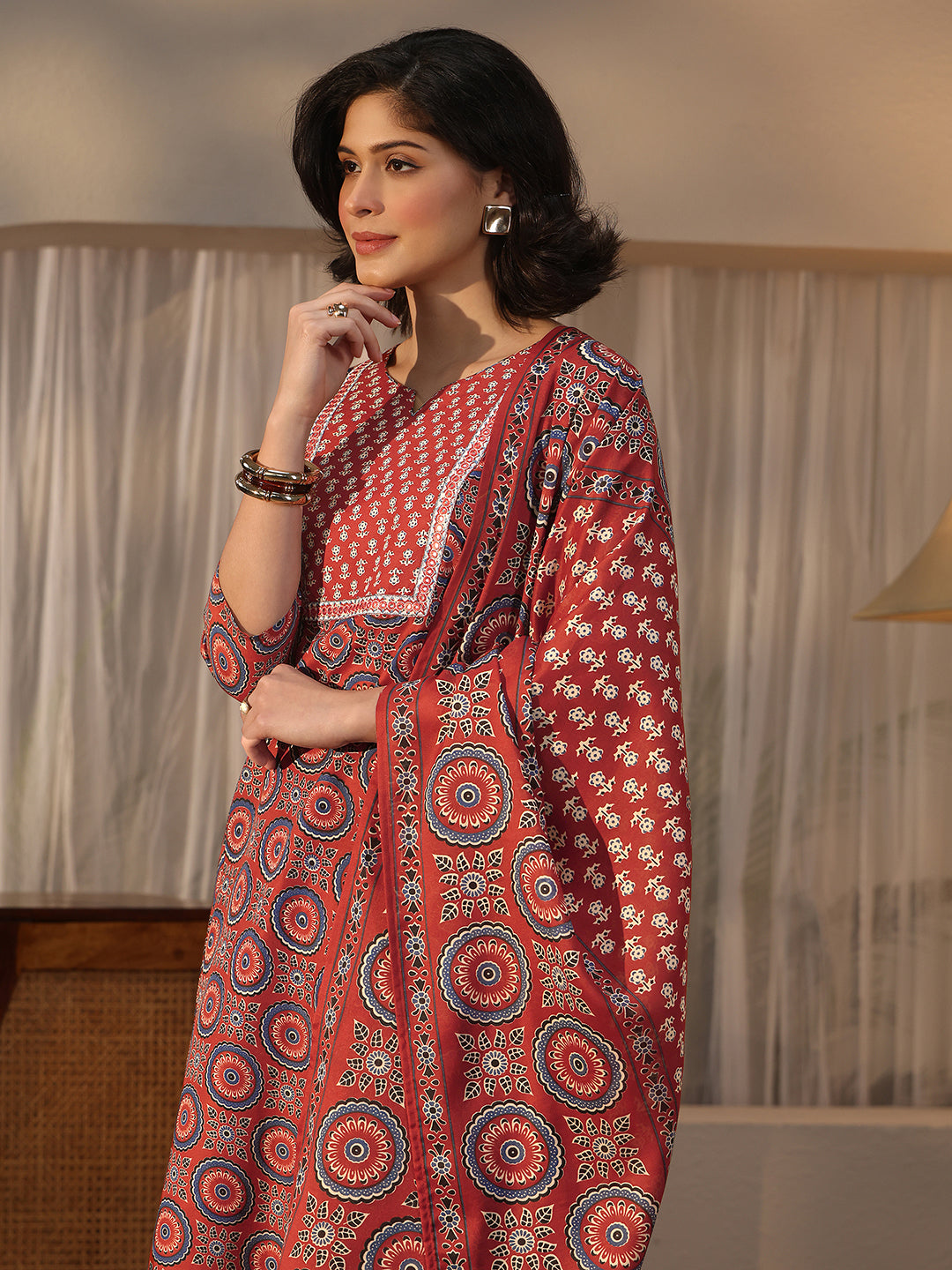  Gerua Maroon Ethnic Printed Straight Suit Set 