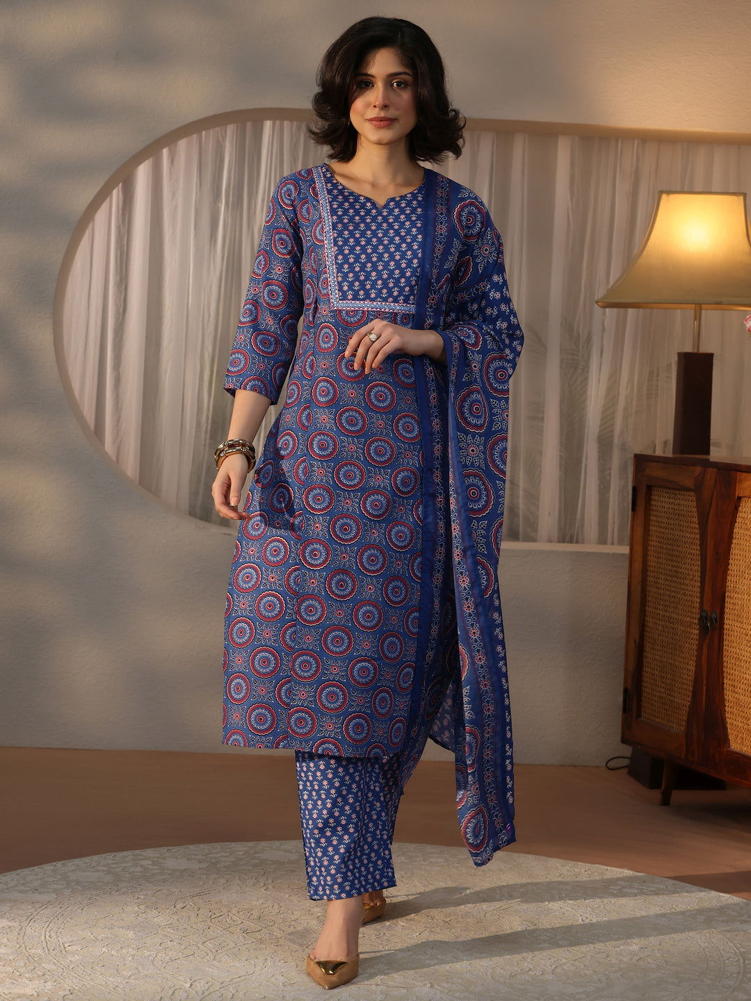  Gerua Blue Ethnic Printed Straight Suit Set 