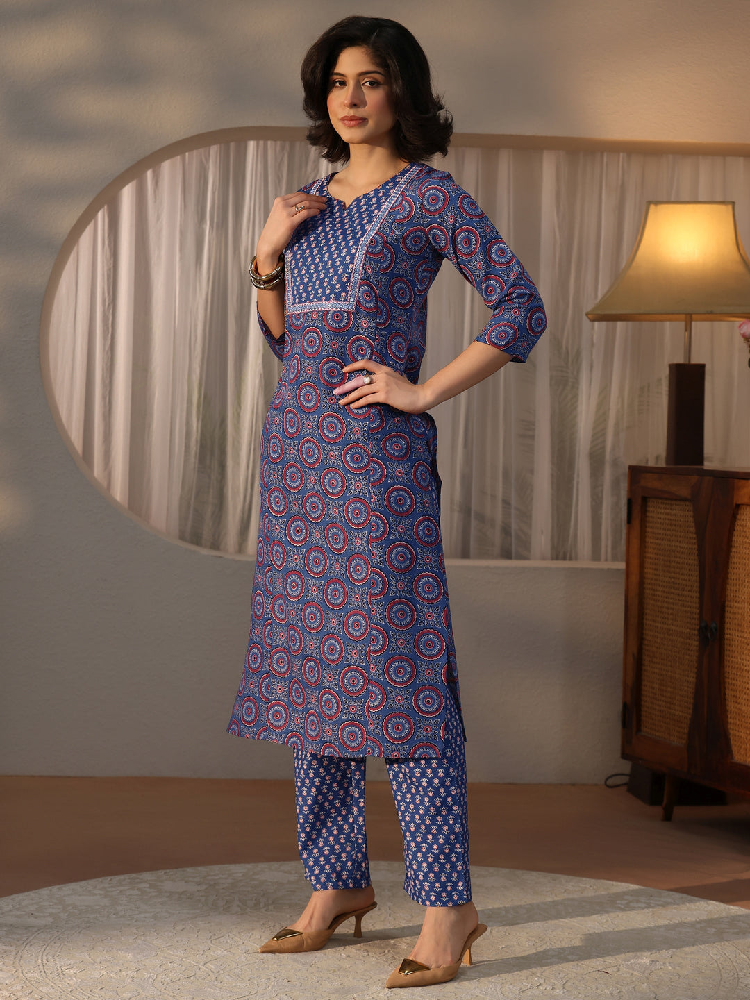 Gerua Blue Ethnic Printed Straight Suit Set 