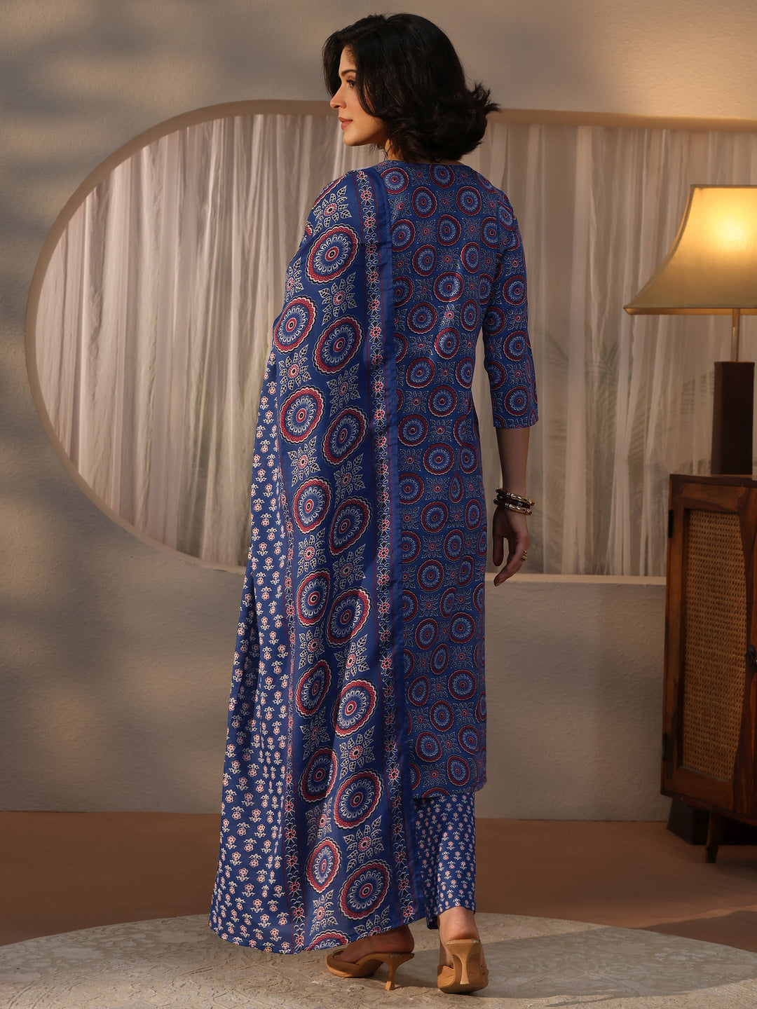  Gerua Blue Ethnic Printed Straight Suit Set 