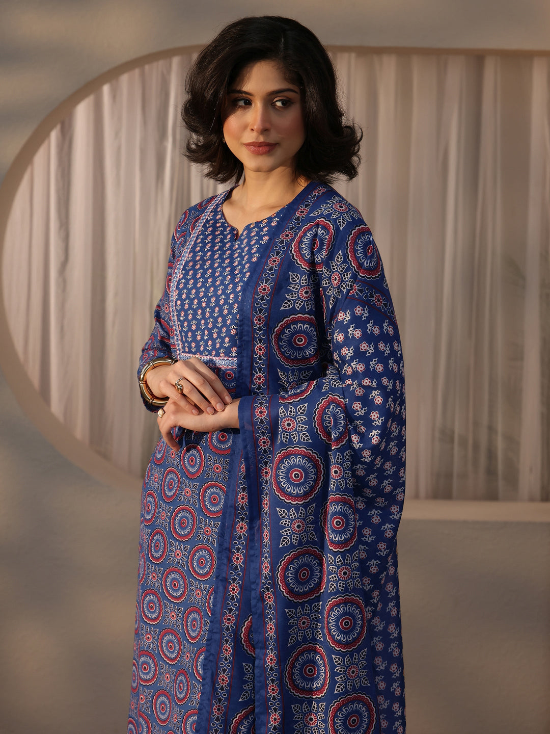  Gerua Blue Ethnic Printed Straight Suit Set 