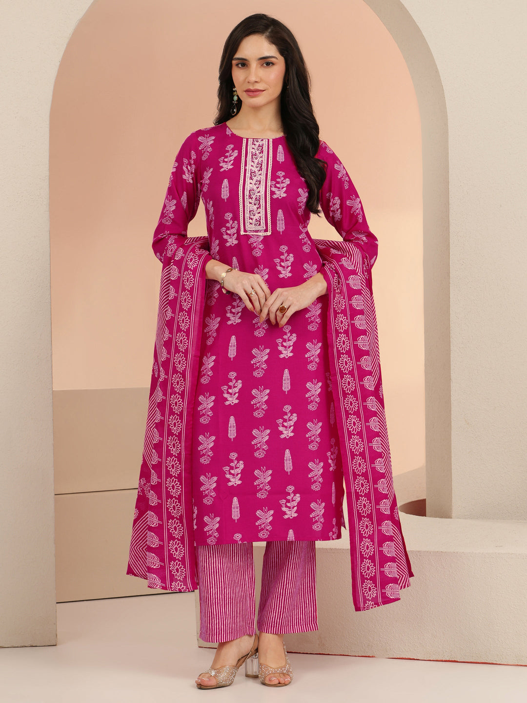  Gerua Rani Pink Floral Printed Cotton Blend Straight Suit Set 