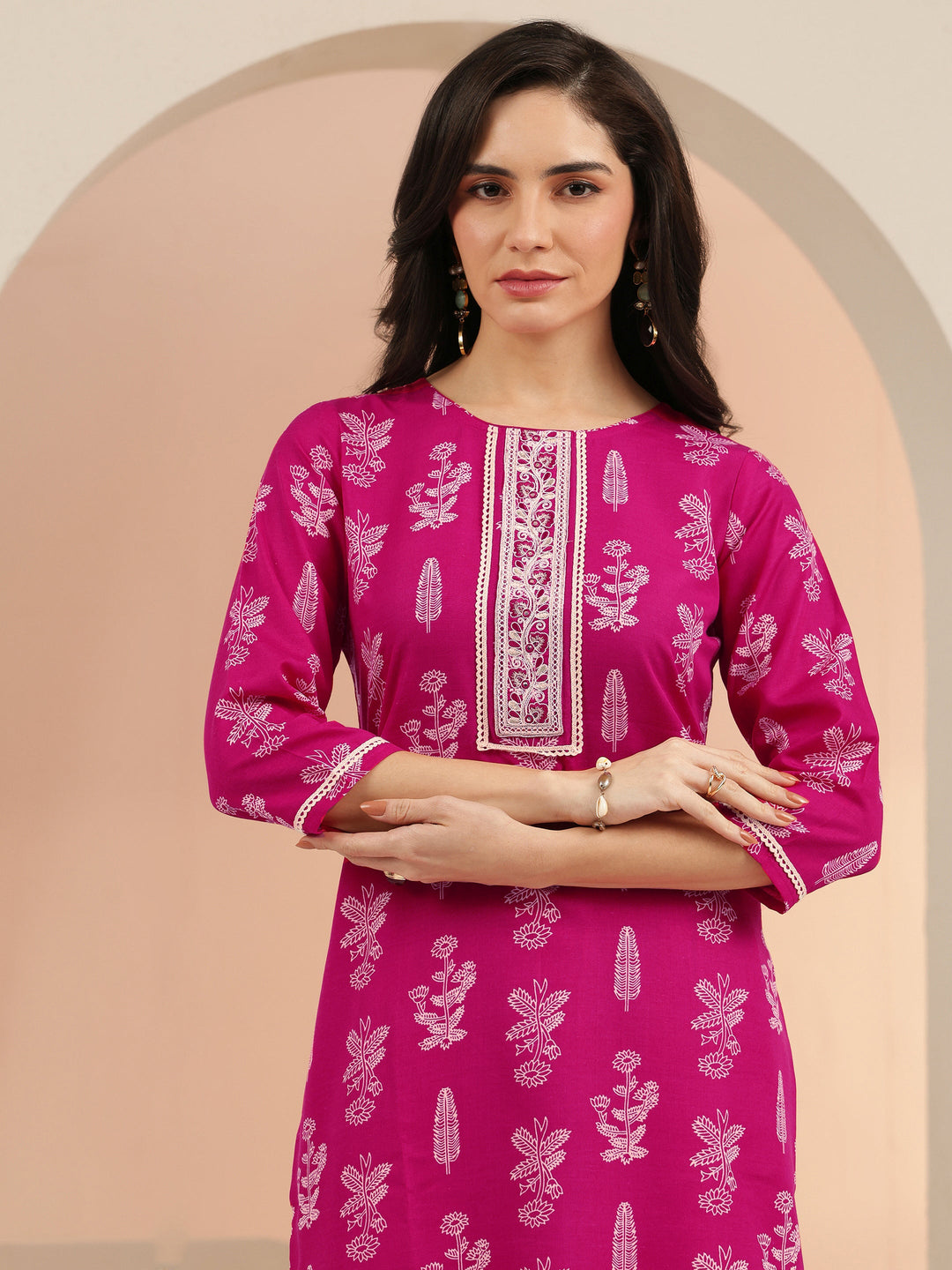  Gerua Rani Pink Floral Printed Cotton Blend Straight Suit Set 