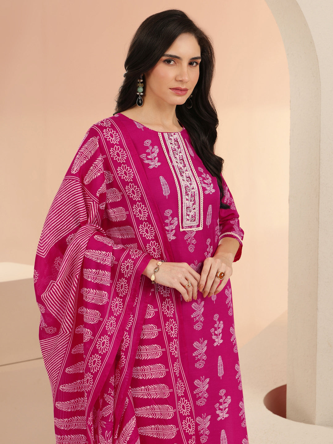  Gerua Rani Pink Floral Printed Cotton Blend Straight Suit Set 