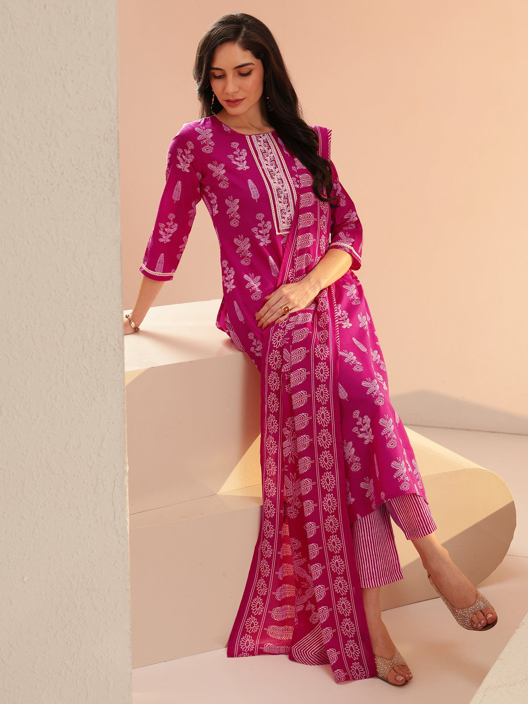  Gerua Rani Pink Floral Printed Cotton Blend Straight Suit Set 
