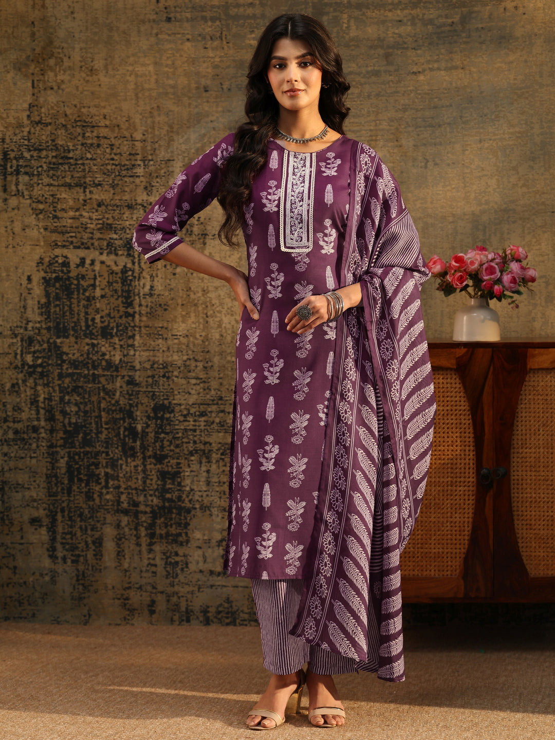  Gerua Burgundy Floral Printed Cotton Blend Straight Suit Set 