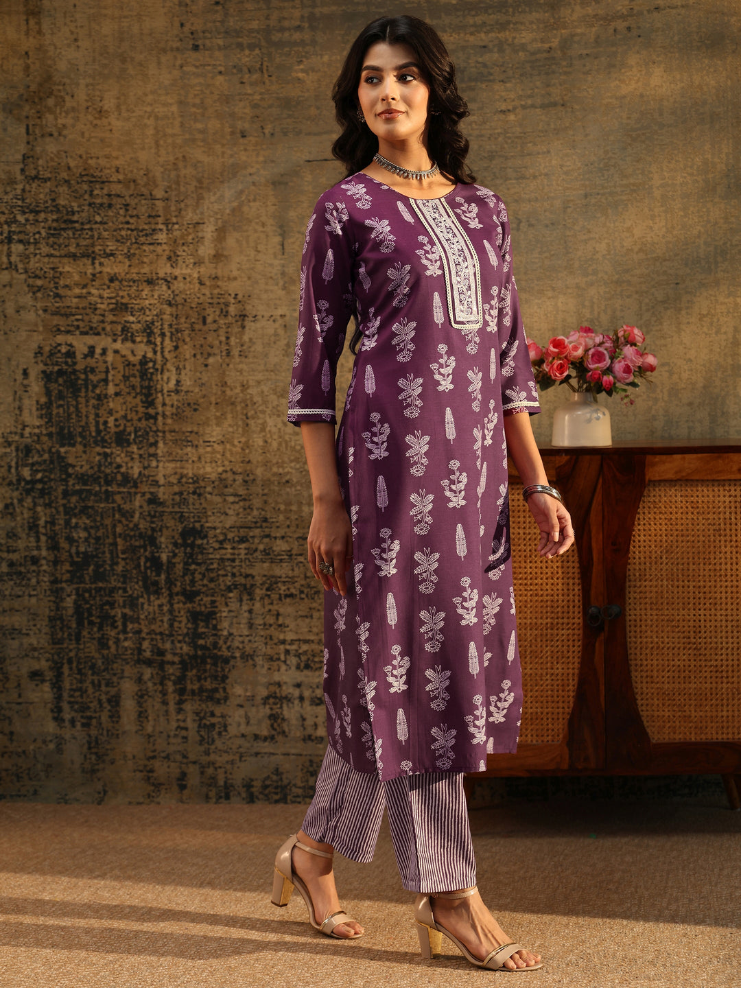  Gerua Burgundy Floral Printed Cotton Blend Straight Suit Set 