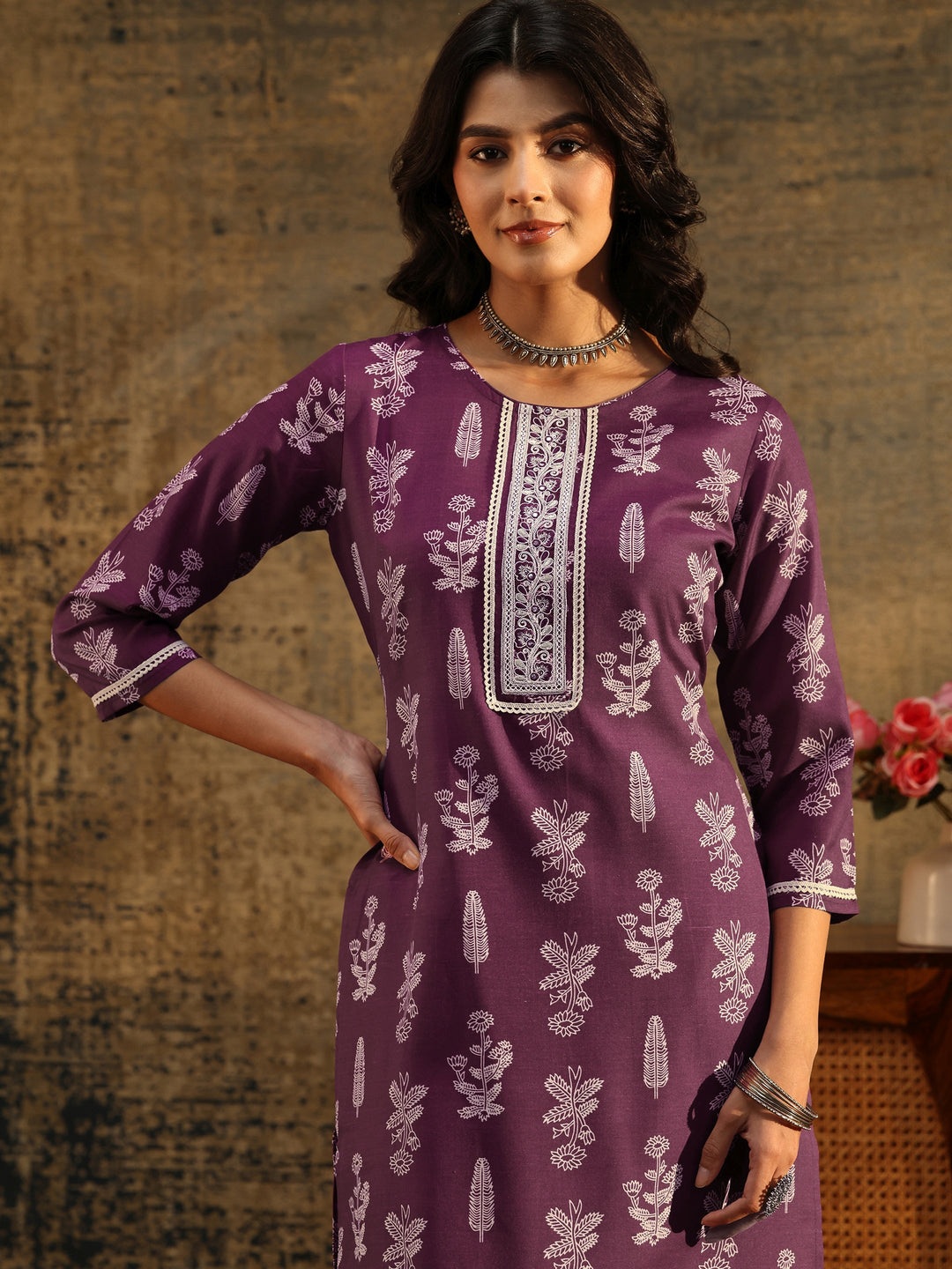  Gerua Burgundy Floral Printed Cotton Blend Straight Suit Set 