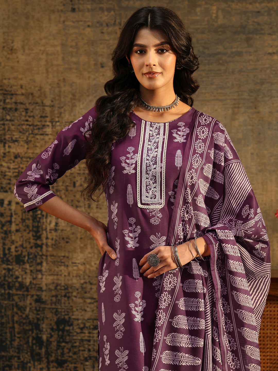  Gerua Burgundy Floral Printed Cotton Blend Straight Suit Set 