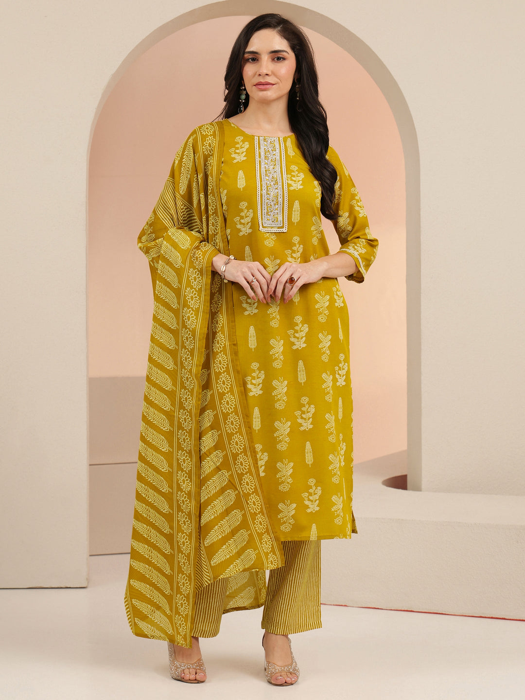  Gerua Mustard Floral Printed Cotton Blend Straight Suit Set 
