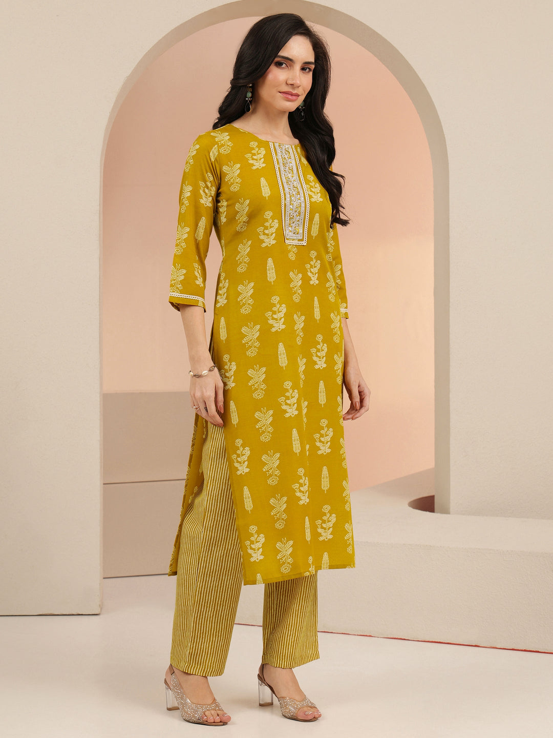  Gerua Mustard Floral Printed Cotton Blend Straight Suit Set 