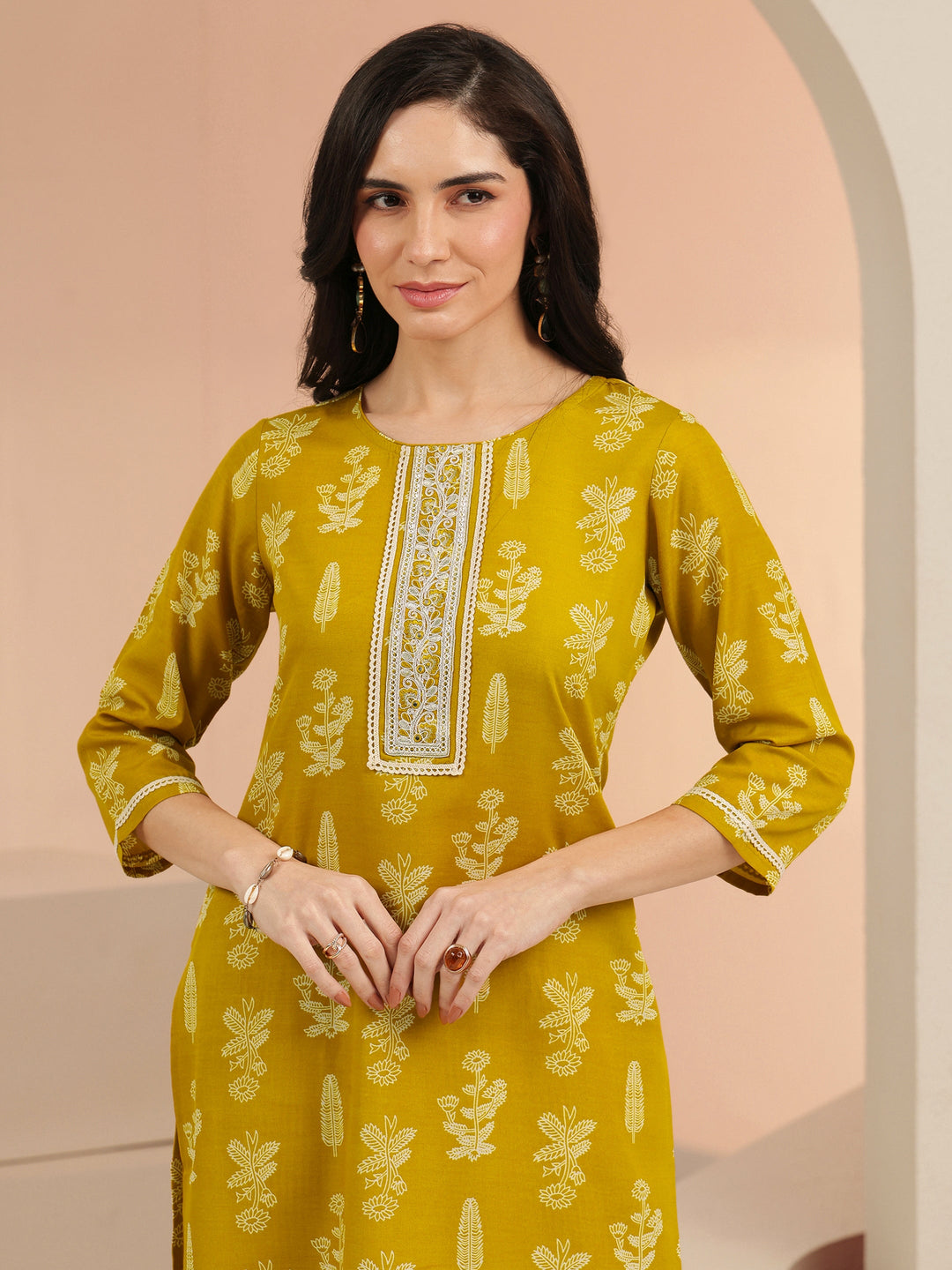  Gerua Mustard Floral Printed Cotton Blend Straight Suit Set 