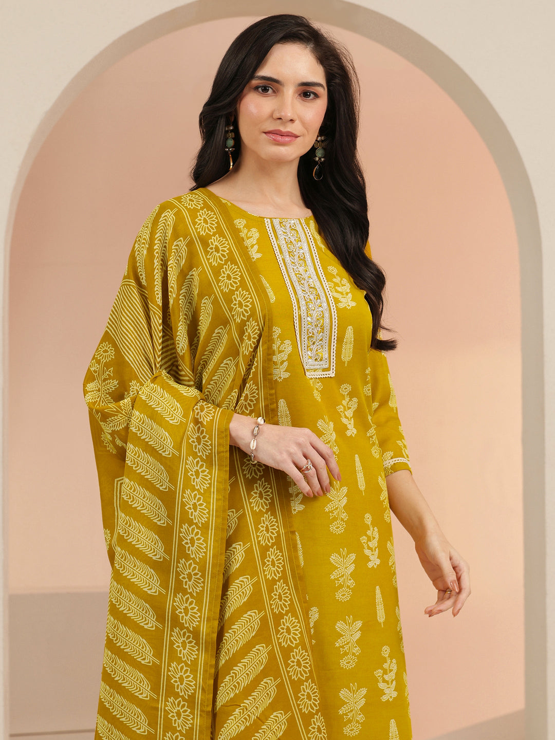  Gerua Mustard Floral Printed Cotton Blend Straight Suit Set 