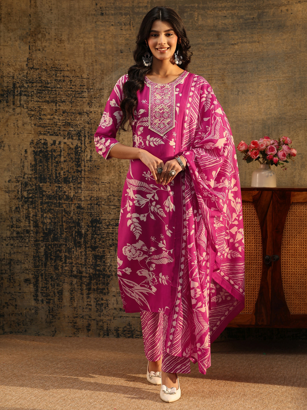  Gerua Rani Pink Floral Printed Cotton Blend Straight Suit Set 