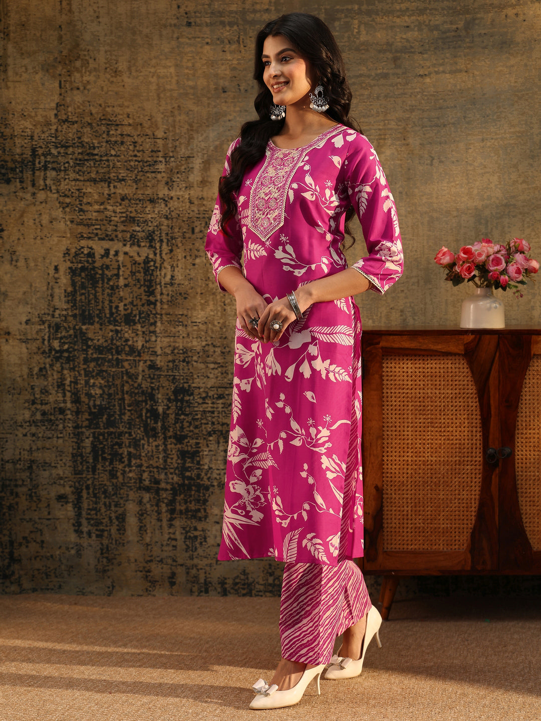  Gerua Rani Pink Floral Printed Cotton Blend Straight Suit Set 