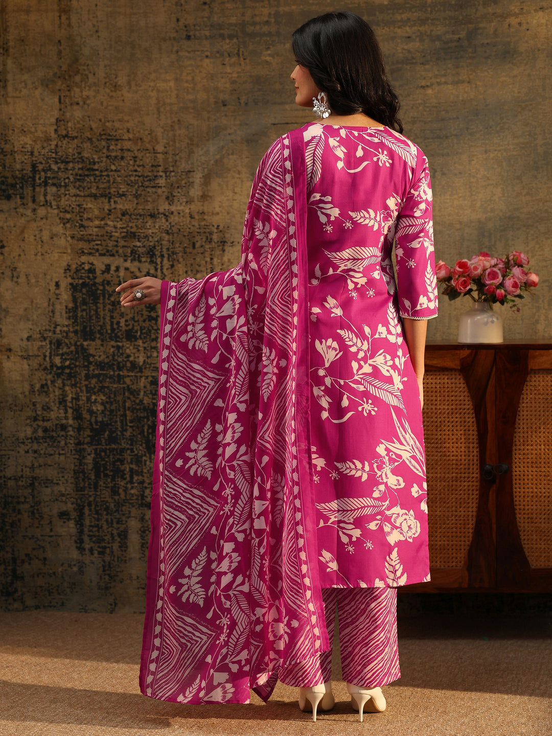  Gerua Rani Pink Floral Printed Cotton Blend Straight Suit Set 